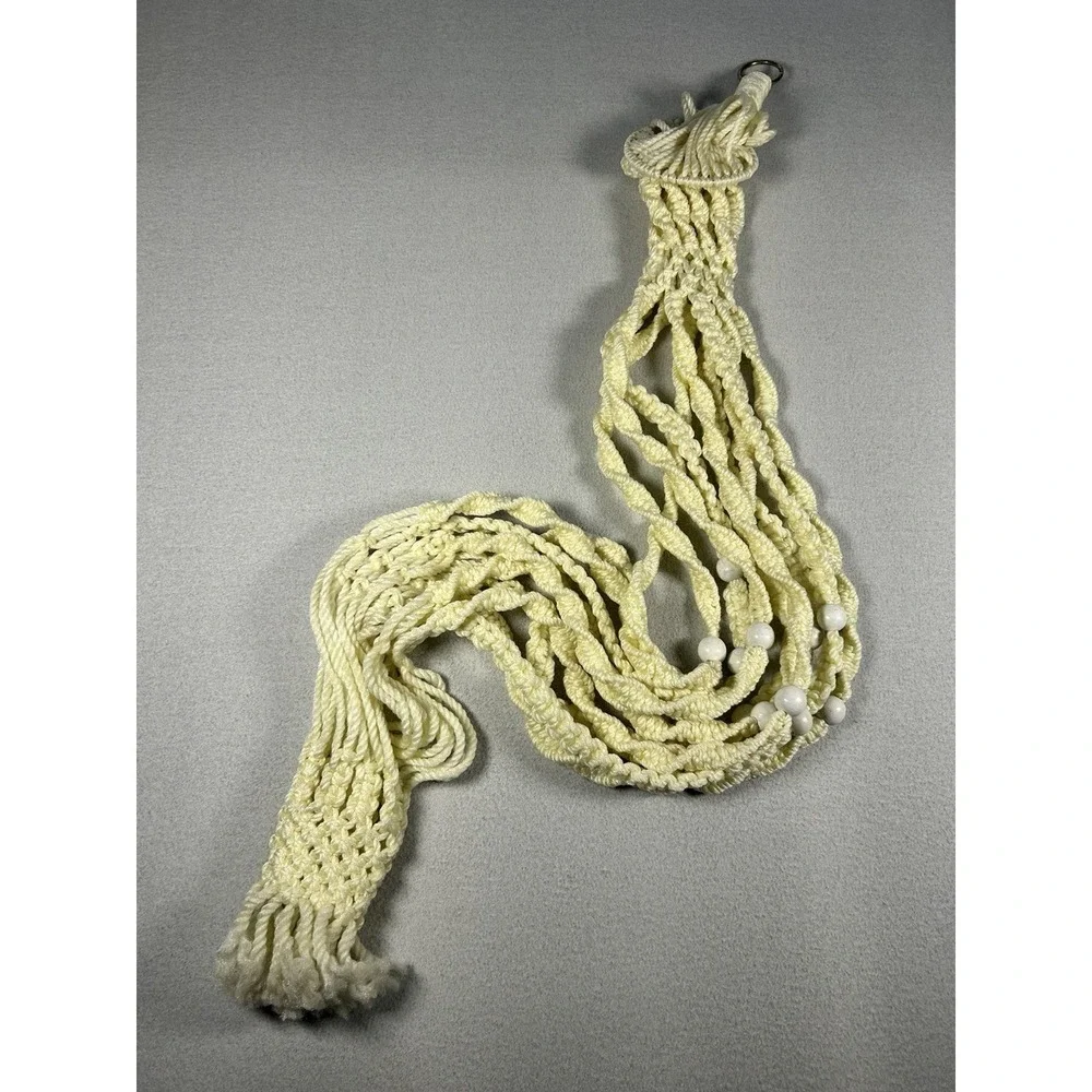 Vintage 1970s Macramé Plant Hanger Boho Yellow Rope with Wood Beads 62